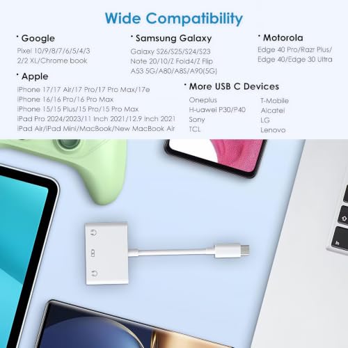 3-in-1 USB-C to 3.5mm Audio Adapter with PD 60W Fast Charging Port | USB C to Aux Headphone Splitter, USB-C to Dual 3.5mm headphone Jack adapter for iPhone 17/16/15, Samsung Galaxy S26/S25/S24