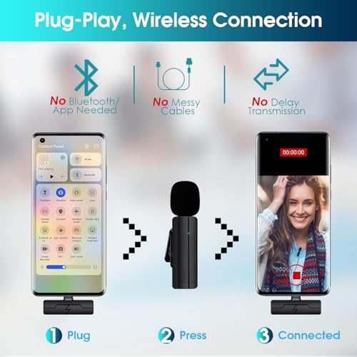 Wireless Lavalier Lapel Microphone for iPhone 15/Android/Computer - Bluetooth Mini Phone Mic for Video Recording, Clip-on USB C Microphones for YouTube Tiktok Podcast Vlog & Livestream