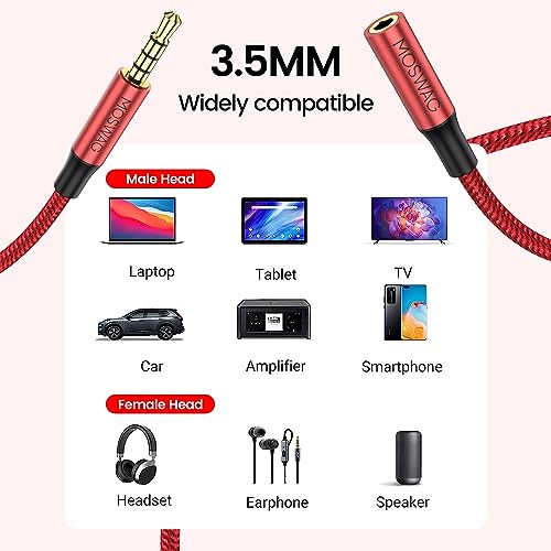 MOSWAG 6.6FT 3.5mm Male to Female Extension Cable with Microphone Stereo - color: Red, size: 6.6 ft