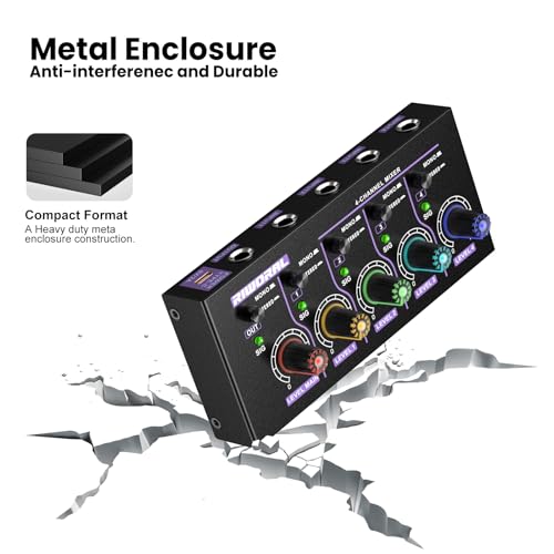 Mini Audio Stereo Mixer 4 Channel 1/4 Inch TSR/TS Audio Input Jack For Line Mixer Stereo/Mono Cutovers Compatible With Mic, Guitars Volume Amplifier Knob Mix Audio Output To Small Mixer & Speaker