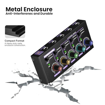 Mini Audio Stereo Mixer 4 Channel 1/4 Inch TSR/TS Audio Input Jack For Line Mixer Stereo/Mono Cutovers Compatible With Mic, Guitars Volume Amplifier Knob Mix Audio Output To Small Mixer & Speaker