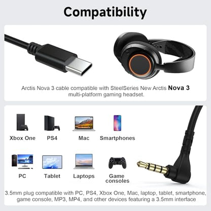 Arctis Nova 3 Cable Compatible with SteelSeries New Arctis Nova 3 Multi-Platform Gaming Headset, USB-C to 3.5mm Gaming Headphone Cable for PC, PS4, Xbox One, Mac, Smartphones, Tablets, 4.9ft