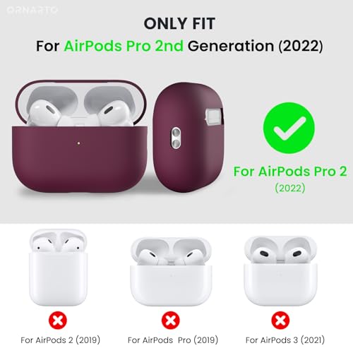 ORNARTO for AirPods Pro 2 Case, Hybrid Silicone, Wine Red | Hybrid Silicone Rubber, Front LED Visible, Wireless Charging, Skin-Friendly Soft Touch, Anti-Scratch, Detachable Lanyard - color: Wine Red