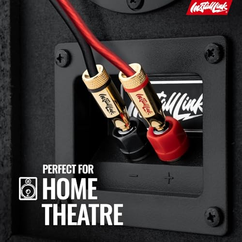Install Link Banana Plugs for Speaker Wire (12 Pack) Gold-Plated, Red/Black | 14/16/18 AWG (Gauge), Expanding Pins into 4mm Binding Posts, 6 Red + 6 Black, for Home Theater Amps & Receivers