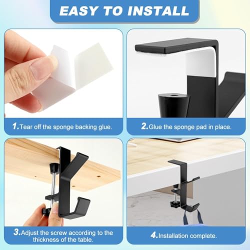 2Pcs Under Desk Headphone Holder - Adjustable Clamp Hook for Bag, Purse, Backpack, Fits 1-5cm (0.4-1.96”) Thick Table - Black