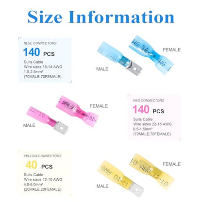 320PCS Heat Shrink Wire Connectors, Blade/Spade Terminals | Male & Female Quick Disconnect Crimp Terminals for Marine & Electrical Wiring