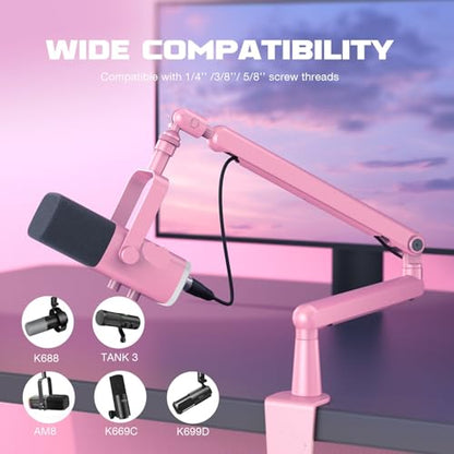 Compatible For FIFINE AM8 Microphone Low Profile Metal Boom Arm With Cable Management, Pink(BM88) - color: BM88