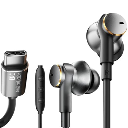 USB-C Earbuds Noise Cancellation Hybrid Driver Bass Boost Wired Headphones | Type C Plug,Deep Bass Ear Bud Call Noise-canceling Mic Wired Earphone Compatible with iPhones 17 16 15 pro max and C port