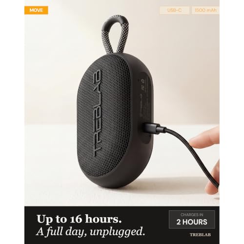 TREBLAB HD-Go - Ultra Portable Hand Held Speaker with Clip, 16H Playtime | 7W Power with Bass, IPX7 Waterproof, Built-in Mic, Compact & Lightweight, USB-C Charging – Small Speaker Bluetooth Wireless