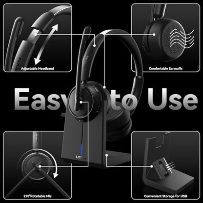 Wireless Headset with Mic for Work, Bluetooth Headset with Microphone AI Noise Cancelling & Mute Button, Wireless Headphones with Mic for Work/Home/Office/Call Center/PC/Laptop/Computer/Teams/Zoom