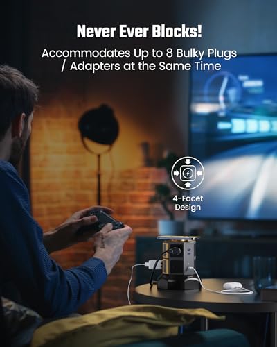 SUPERDANNY Power Strip Tower with 15W Wireless Charger, 6.5Ft Retractable Extension Cord, 1050J Surge Protector, Desktop Charging Station with 8 Outlets 4 USB Ports(2 USB C) for Home, Office, Garage | 8-Outlet Surge Protector Tower, Desk Charging Station