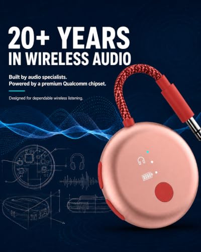 Avantree SoundJet R1-25Hr Airplane Bluetooth Adapter for All AirPods | Qualcomm Chip & aptX Adaptive, Wireless Audio Transmitter for Flight Travel, Works with Bose & Other Headphones - color: 2. Pink