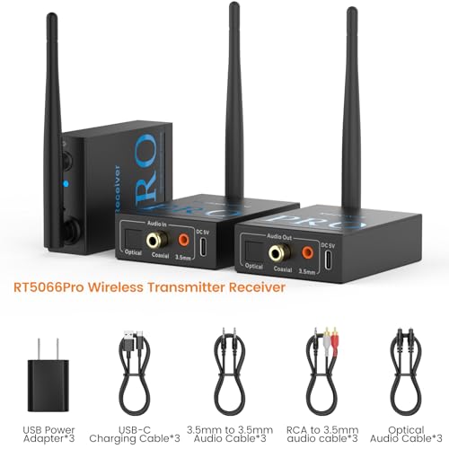 1Mii 3-in-1 2.4Ghz Wireless Audio Transmitter Receiver (1 TX+2 RX) | For 2 Powered Speaker/Power Amplifier, 20ms Low Latency, 328ft Range, Optical/Coaxial/3.5mm(RCA) Audio Input/Output