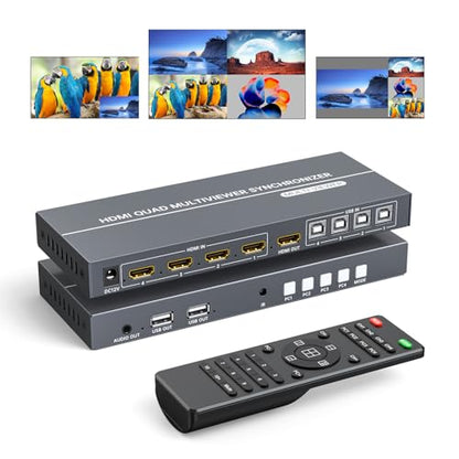 4 Port HDMI KVM with Multi-Viewer, 4x1 Quad Multiviewer Seamless Switcher, Support 4K@30Hz, PIP & POP, Keyboard Hotkey Switch, 3.5mm Audio Output - size: 4K30Hz 4x1 w/KVM