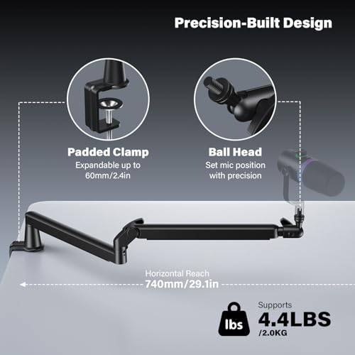Low Profile Mic Arm, Cable Management Microphone Boom Arm, Full Aluminum Adjustable Mic Stand with Desk Clamp, 360°Rotatable Heavy Duty Microphone Stand for Streaming, Podcasting, Recording