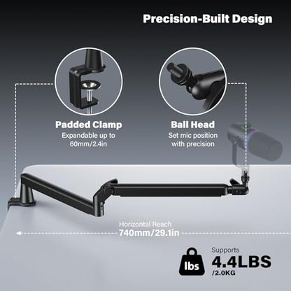 Low Profile Mic Arm, Cable Management Microphone Boom Arm, Full Aluminum Adjustable Mic Stand with Desk Clamp, 360°Rotatable Heavy Duty Microphone Stand for Streaming, Podcasting, Recording