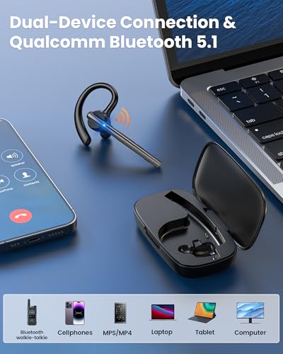 New Bee Bluetooth Headset V5.1 72H Talk Time Dual Mic with Mute Button for Business, Wireless Hand-Free Bluetooth Earpiece with 500mAh Charging Case for Cell Phone Calls Trucker Driver Laptop - color: Gunmetal, style: M54