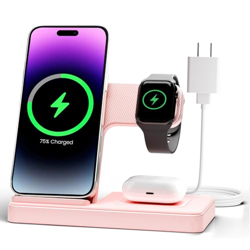 GETPALS Wireless Charger iPhone Charging Station for Apple Multiple Devices | 3 in 1 Charger Stand for iPhone 17 Pro Max 17e 16 16e 15 14 13 12 & Watch Series 11-2 SE Ultra & Airpods 4 3 Pro, Pink - color: Pink