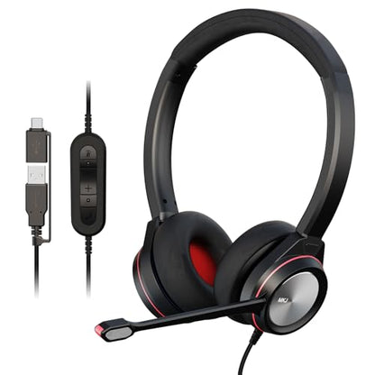 MKJ Noise Canceling USB Headset with Microphone, Wired Computer Headphone | USB-A/USB-C, Call Center & Office Headset, Plug & Play for PC/Laptop, Inline Volume Control, Compatible with Teams/Zoom/Webex