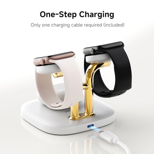 3 in 1 Dual Watch Wireless Charger Stand for Apple Watch Ultra/11 & AirPods | Dual magnetic watch charging, 5W Fast watch charge, Ergonomic design, Chrome plated plastic stand, Multi safety guard, 704A - color: White & Gold
