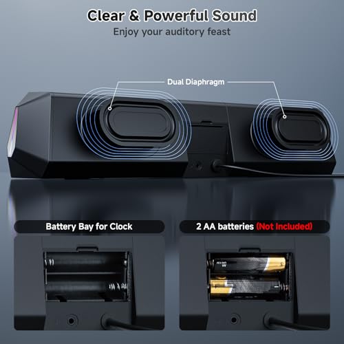 SOULION Bluetooth Computer Speakers USB Plug & Play with Clock & LED | Digital Clock Display, Bottom Mirror Lighting, LED Rainbow Lights & 5 Kinds of Modes, USB/Bluetooth/AUX Mode, Powerful Sound
