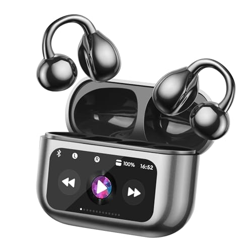 Open Ear Bone conduction Headphones Bluetooth 5.4 Wireless Clip On Earbuds with Digital Display Charging Case 40 Hours Playtime Sport Earphones Built-in Mic IPX7 Waterproof for Running Fitness Black - color: Black