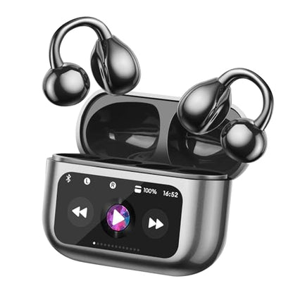 Open Ear Bone conduction Headphones Bluetooth 5.4 Wireless Clip On Earbuds with Digital Display Charging Case 40 Hours Playtime Sport Earphones Built-in Mic IPX7 Waterproof for Running Fitness Black - color: Black