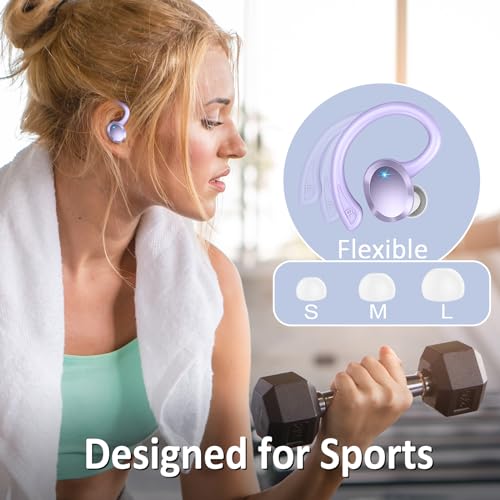 Wireless Earbuds Sport, 2025 Bluetooth 5.3 Headphones Bass Hi-Fi Stereo Over Ear Buds, 48Hrs Noise Cancelling Headset with Earhook, IP7 Waterproof Earphones Workout Running for Laptop Pad Android iOS - color: Purple