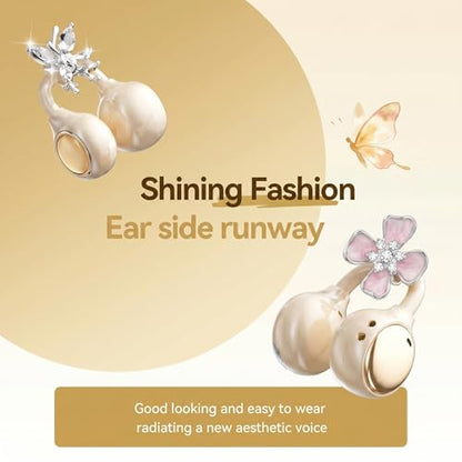Open Ear Wireless Earbuds for Women with Makeup Mirror Charging Case, Clip-on Bluetooth 6.0 Headphones with Spatial Audio, Includes Flower & Butterfly Earrings, Long Battery Life - color: Cream White