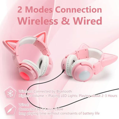 Cat Ear Bluetooth Headphones for Kids Adult, LED Gaming Headset | Toddler Girl Headphones, Bluetooth Over Ear Headphones with Microphone,Foldable,Phone/PC/Tablet/TV Compatible,Pink - color: Pink