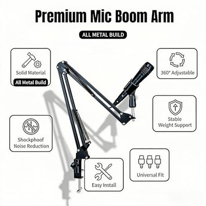 Microphone Boom Arm Stand, Adjustable Desk Mount Scissor Arm with 360° Rotation, Heavy Duty Metal, for Podcast, Recording, Streaming, Gaming, Voice-Over, Studio, Home Office – Black