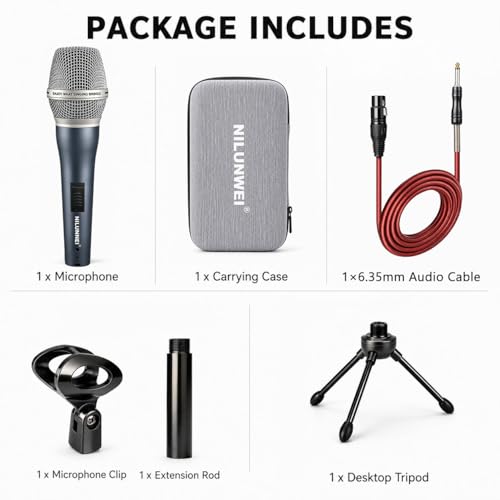 Professional Dynamic Microphone - Handheld Wired Microphone for Singing, for Speakers, Karaoke Machines, amplifiers, Mixers, with 14 Foot XLR to 1/4 inch Audio Cable and Desktop Stand Set