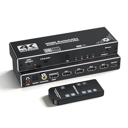4 Ports 4K HDMI Switch Audio Extractor with Optical Toslink SPDIF/Coaxial / 3.5mm L/R Audio Out, 4 in 1 Out HDMI 2.0b Switcher with Remote Control Support ARC, HDR, HDCP 2.2, 18Gbps, 3D