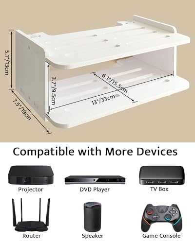 Projector Shelf for Wall Mount, Floating Projector Stand, Wall Mount Router Projecor Shelf for Xbox Series S/X, PS5, PS4, White Projector Holder, Floating Shelves Under TV Game