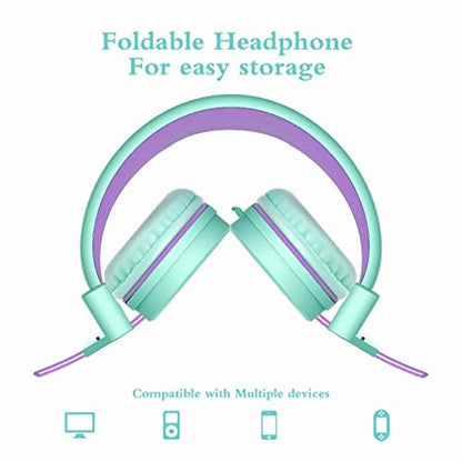 ELECDER i37 Kids Headphones for School Children Girls Boys Teens, Green | Foldable Adjustable Lightweight, 3.5mm Audio Jack On Ear Headphones for Smartphones Chromebook Computer PC Tablets Travel - color: Green