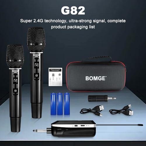 BOMGE Wireless Microphone, Professional Dual Handheld Rechargeable Wireless Microphones, 656FT Range Receiving, Less Latency Karaoke Microphone for Singing, Speech, Party (G86-2ch)