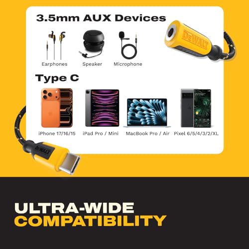 DEWALT Aux to USB C Adapter – 3.5mm to USB C Audio Headphone Dongle