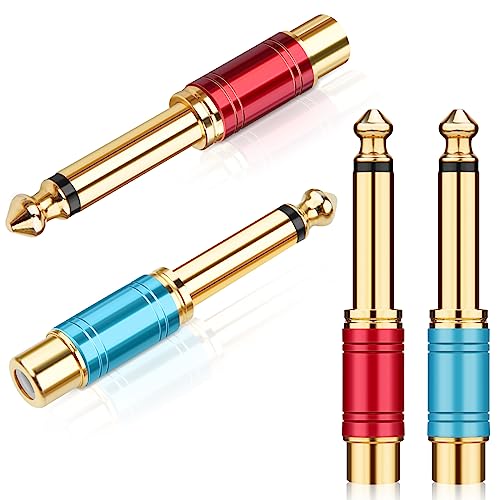 RCA to 1/4 Adapter 4 Pack, 24K Gold Plated 1/4 inch to RCA Female Mono Audio Connecto(Blue*2+Red*2)