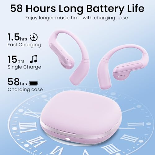 Piluyaa Open Ear Bluetooth 5.3 Earbuds, Wireless Headphones Sport Over Earphones Built-in Mic with Ear Hooks, 58H Playtime Ear Buds Fast Charging, IPX7 Waterproof for Running/Workout—Purple - color: Purple
