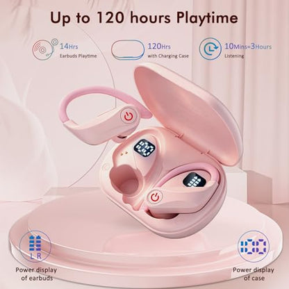 Wireless Earbuds, Bluetooth 6.1 Headphones with 120H Playtime LED Display Case, Noise Canceling Earbud with Easy Button Controls Earpiece Waterproof for Running Workout Gym Cherry Blossom Pink