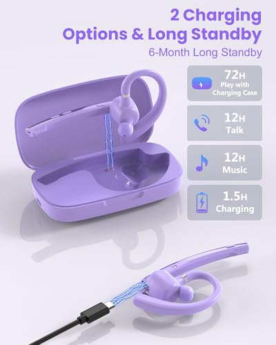 New Bee Bluetooth Headset V5.1 72H Talk Dual Mic with Mute Button for Business, Wireless Hand-Free Bluetooth Earpiece with 500mAh Charging Case for Cell Phone Calls Trucker Driver - color: Purple, style: M54
