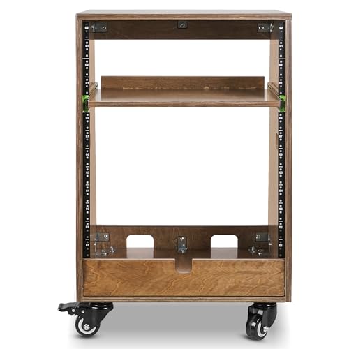 Sound Town DIY Slanted 12U Studio Rack (4U Top + 8U Lower), with 2U Bottom Storage, Slide-Out Tray, Caster, Plywood, Weathered Brown for Recording Room, Home Studio (SDRK-ST12TB) - size: 12U(4U Top + 8U Lower),Weathered Brown