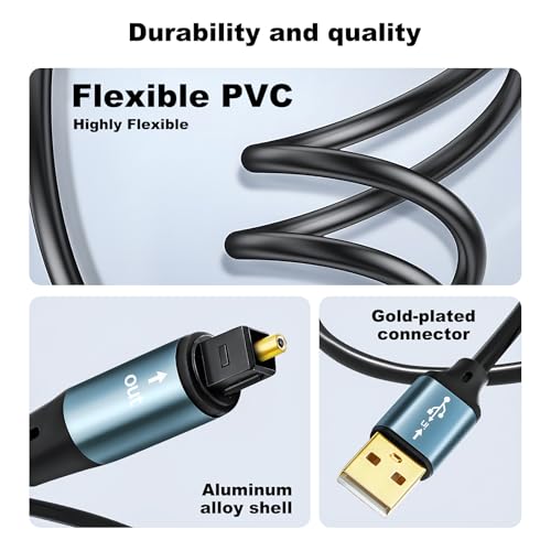 Unidirectional USB A to Toslink Digital Optical Audio Cable 6FT USB A Male to SPDIF Port Male Fiber Optic Adapter for Windows/Laptops/Mac(Not for TVs, Not an Optical to USB A Cable)