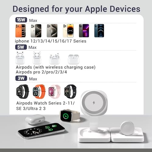 3 in 1 Wireless Charging Station for Apple Magsafe Charger Stand,Fast Magnetic Wireless Charger Station for iPhone 17 Air 16 15 14 13 12 Series,Airpods Pro,Apple Watch Ultra (White) - color: White