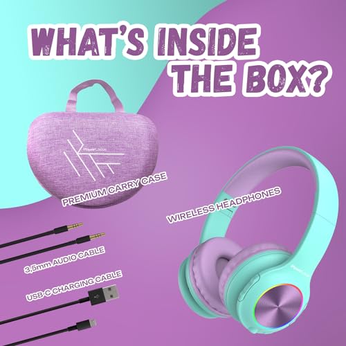 PowerLocus PLED Kids Bluetooth Headphones, Kids Wireless Headphones with LED Lights, 74/85/94dB Safe Volume, Micro SD, AUX Cable, Hi-Fi Stereo, Built-in Mic Over Ear Kid Headphone for Travel/Tablet/PC - color: Teal/Purple