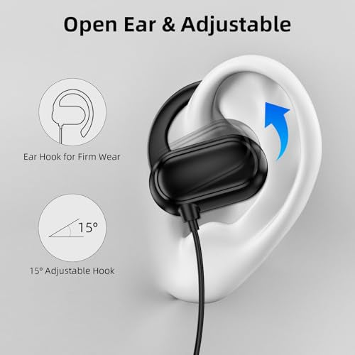 Open Ear Wired Earbuds 3.5mm Headphone with Mic Right Angled Ear Hook Black | In Line Control Hifi Stereo AUX 3.5mm Jack Sport Corded Earphone for iPod CD Player Android Phone Travel Airplane Work School