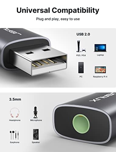 JSAUX 2 Pack USB to 3.5mm Jack Audio Adapter, Sound Card Support Mic TRRS | TRRS 4-pole, Nylon Braided, USB to Aux Jack, Plug and Play, for Headset Headphone Windows Mac Linux PC PS5 PS4 Switch 2 - color: Grey