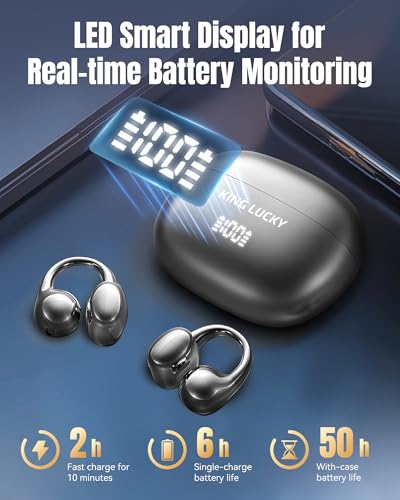 King Lucky Clip-On Earbuds Gen 3, Open-Ear Wireless Bluetooth 6.0 Headphones with Mic, Secure Fit for Small Ears & Glasses Wearers, 50H Playtime, LED Digital Display, ENC, IPX5 Waterproof(Balck) - color: Black, size: Digital Display
