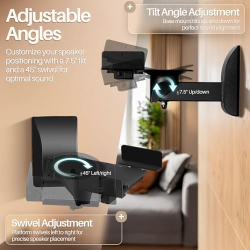 TNP Bookshelf Speaker Wall Mounts, Dual Side Clamps, 55 lb, 2 Pack, Black | Rear Surround Sound Speaker Mounts Fit 5.5-11 In Wide Speakers, with 45° Swivel and 7.5° Tilt for Home Theater or Studio - color: Black