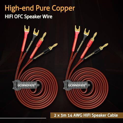 UCINNOVATE 2 Pack HiFi OFC Speaker Cable with Banana Plug to Jumper Spade, 3m / 9.8FT 14AWG Speaker Wire with Banana Plug to U Fork Plug Cord Jumper Bridge Cable for Speaker Amplifier (2 x 9.8FT) - size: 2 x 3m OFC Speaker Cable